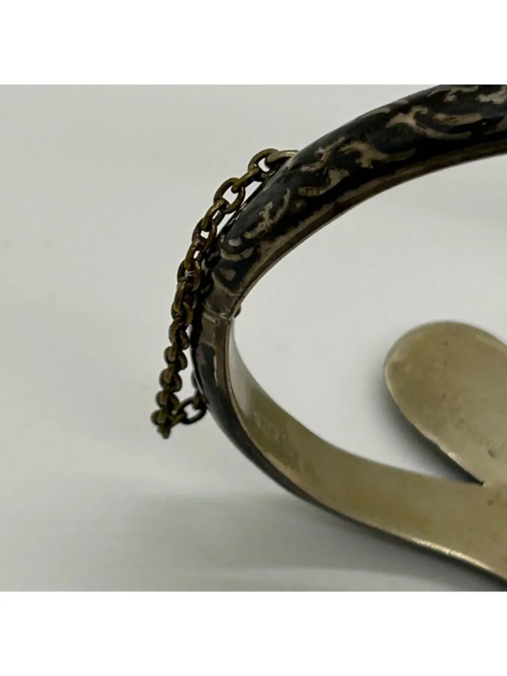 Vintage Siam Niello Bangle Bracelet Thai Black Enamel Hinged Chain Closure